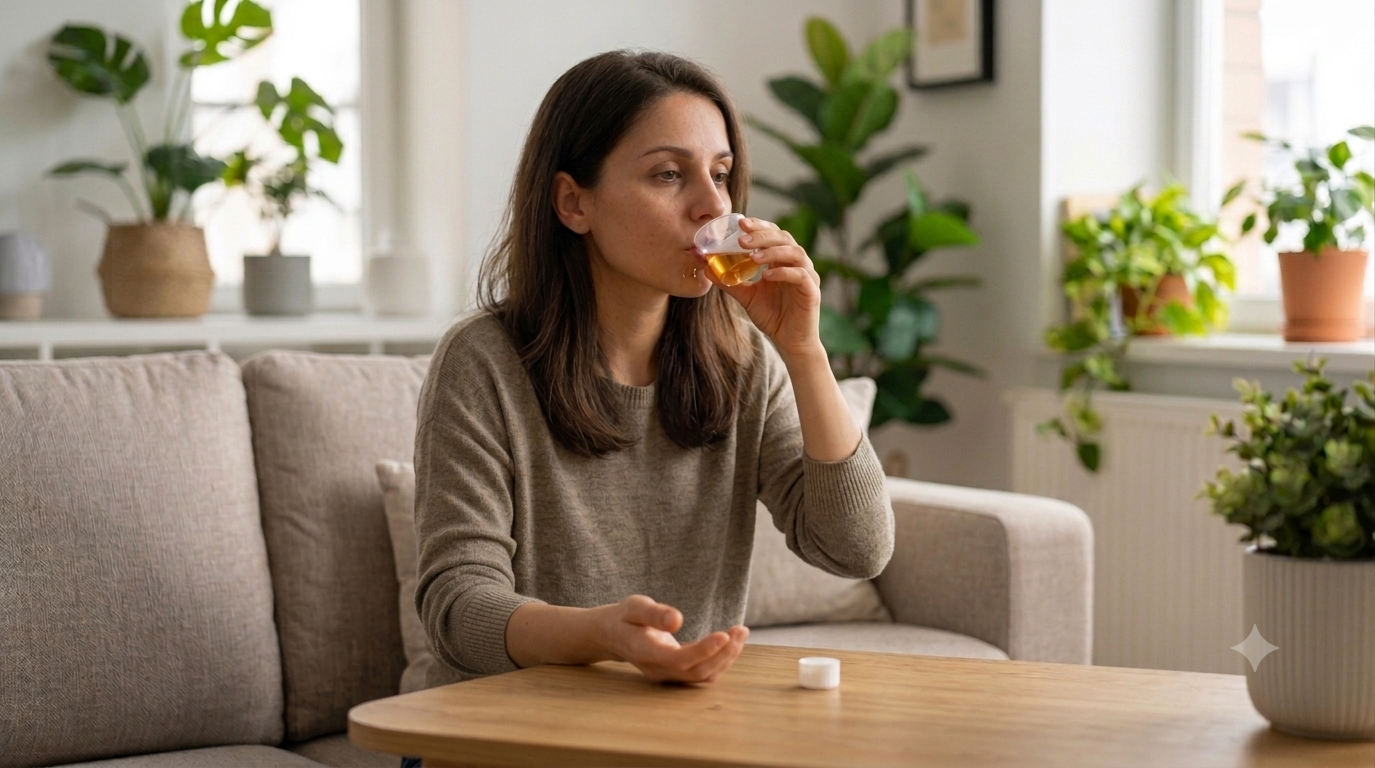 A woman on a couch drinks from a measuring cup filled with an amber liquid.