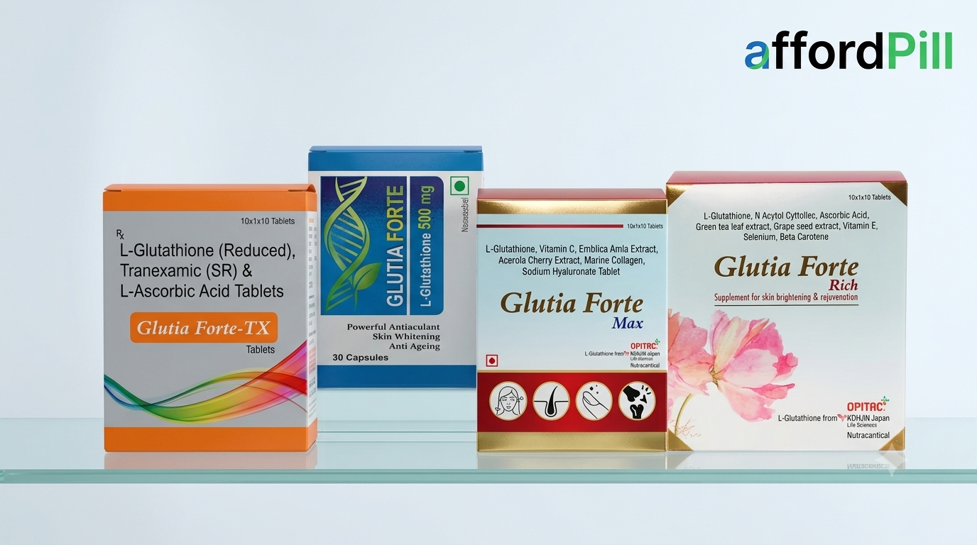 A high-resolution product line photograph of four distinct pharmaceutical and nutritional supplement cartons from the Glutia Forte range, neatly displayed on a reflective glass shelf against a clean, light-grey studio background. From left to right: An orange and grey Glutia Forte-TX box (L-Glutathione, Tranexamic SR, L-Ascorbic Acid Tablets); a blue and grey Glutia Forte 500mg box (Capsules, Skin Whitening, Anti-Ageing, OPITAC, Kohjin Japan); a red, gold, and grey Glutia Forte Max box (L-Glutathione, Vitamin C, Emblica Amla, Marine Collagen, Hyaluronate; OPITRC); and a white and grey Glutia Forte Rich box with a pink flower graphic (Supplement for Skin Brightening; OPITAC, Kohjin Japan). In the top right corner, the text logo 'affordPill' is clearly visible. The reflection of all four boxes is visible on the glass shelf. The image is clean and well-lit.